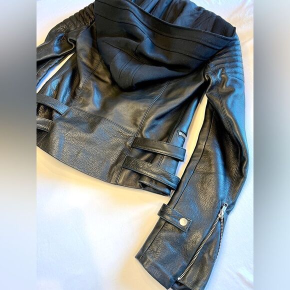 A.L.C. Knight Leather Biker Jacket Hooded Zipper Moto Black - Picture 12 of 14